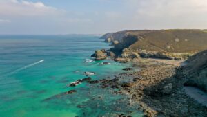 South West Coastal Path facing Trevaunance Cove and Trevellas, St Agnes, Cornwall