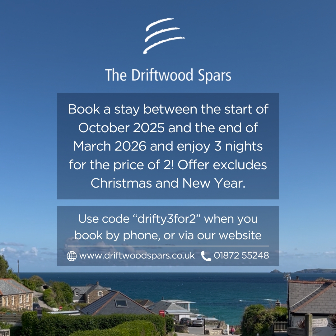 Picture with text that explains the 3 for 2 B&B promotion we have at The Driftwood Spars, St Agnes, Cornwall, UK.